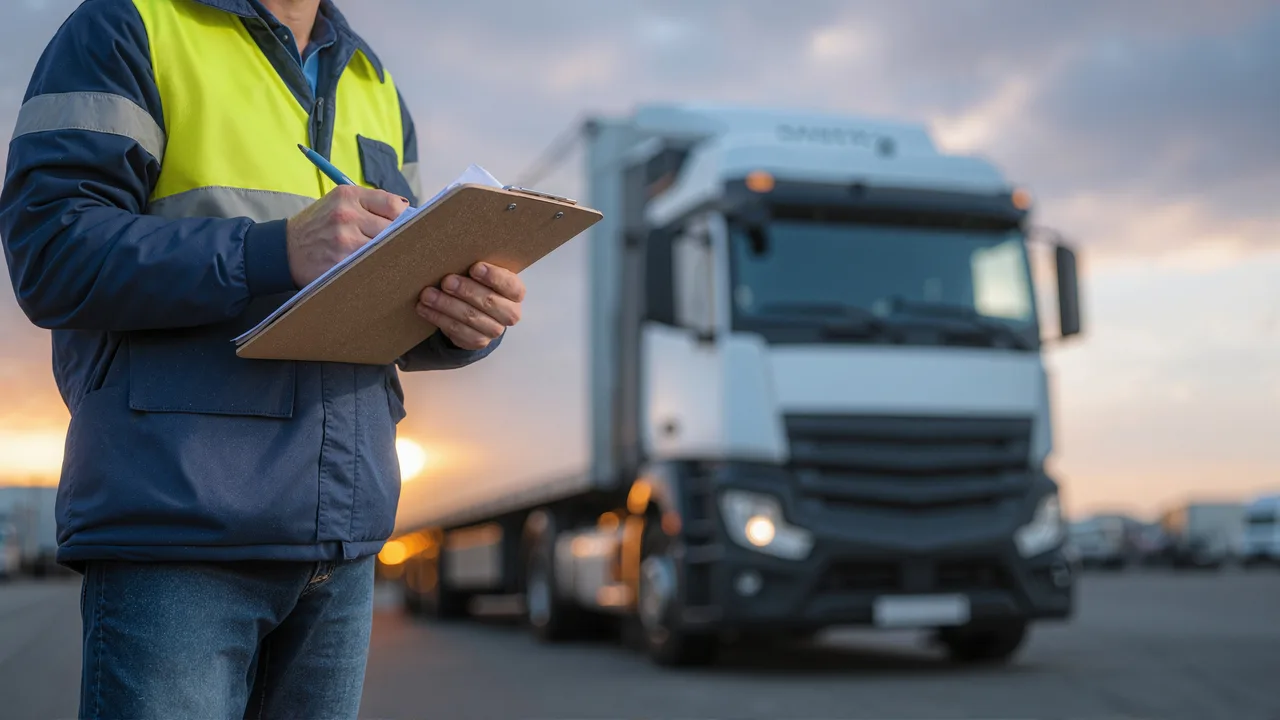 Transport professional completing a compliance check beside a commercial vehicle