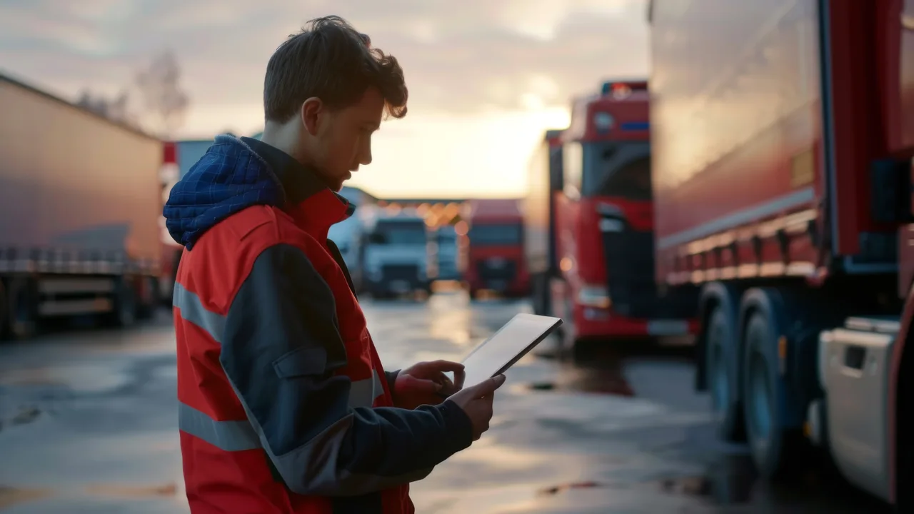 Transport professional reviewing records on a tablet in a commercial vehicle yard