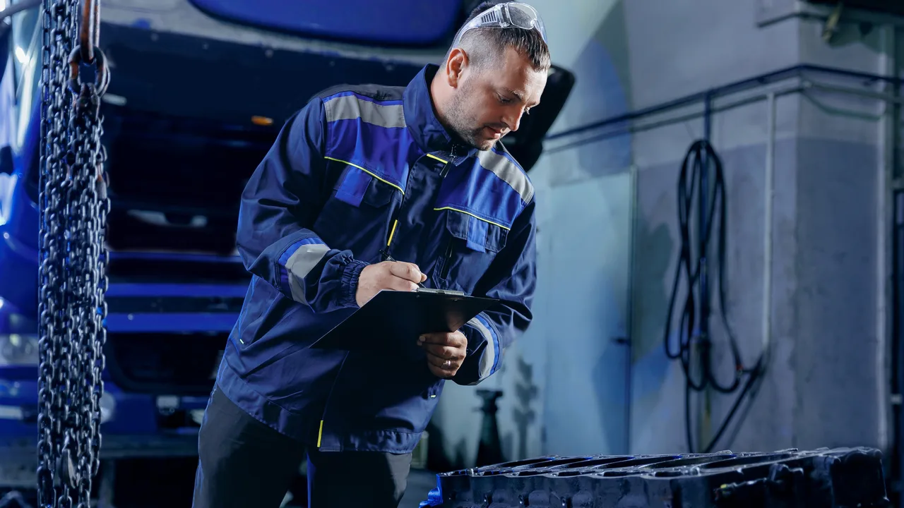 Commercial vehicle technician checking maintenance records in a workshop