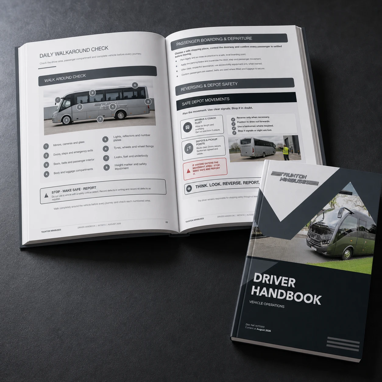 Open Taunton Minibuses driver handbook with printed cover