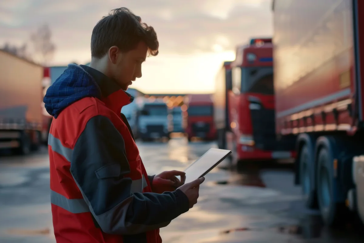 External transport manager reviewing fleet data on a tablet at a depot