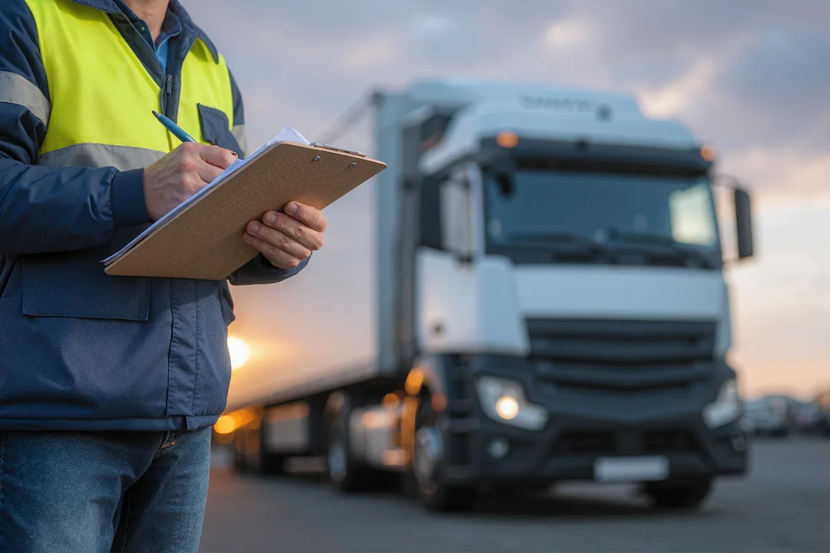 Transport manager in hi-vis checking an HGV with a clipboard