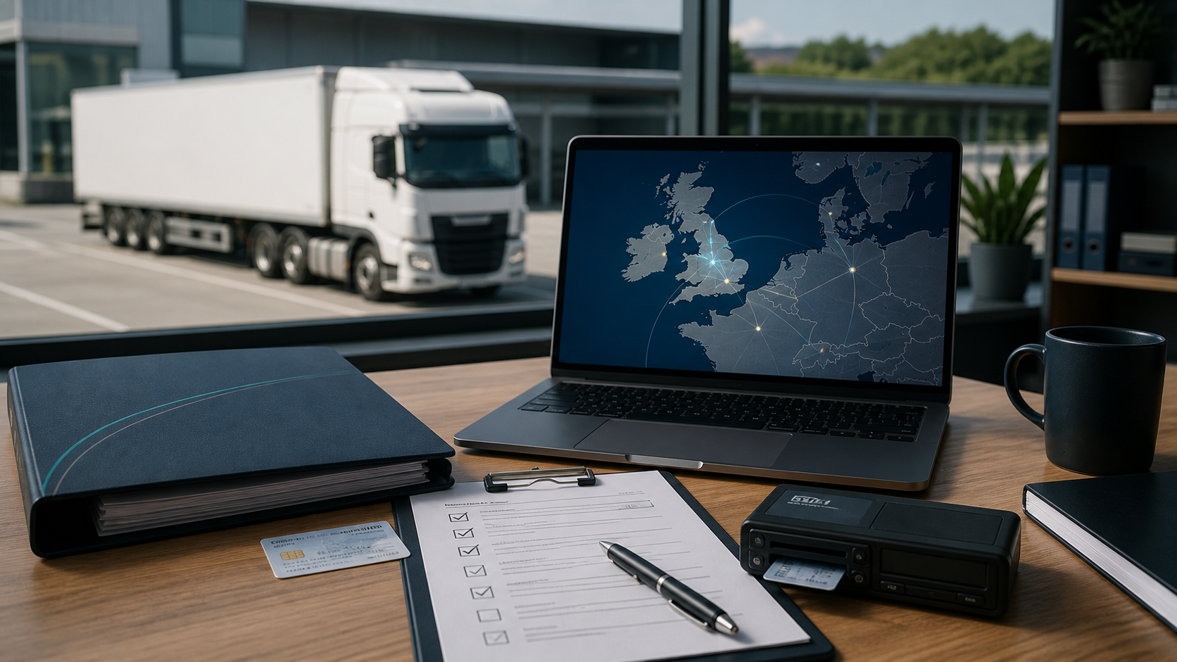 International transport manager compliance desk with route planning and HGV records
