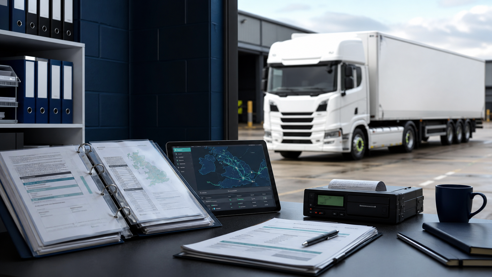 Standard international transport manager records with HGV in a depot yard