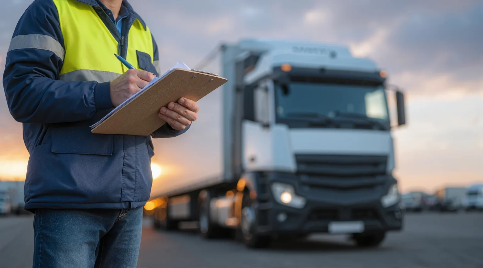 Transport Manager reviewing fleet information on a tablet in a commercial vehicle yard