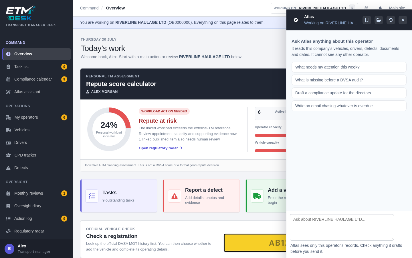 Atlas assistant open alongside an ETM Desk operator portfolio