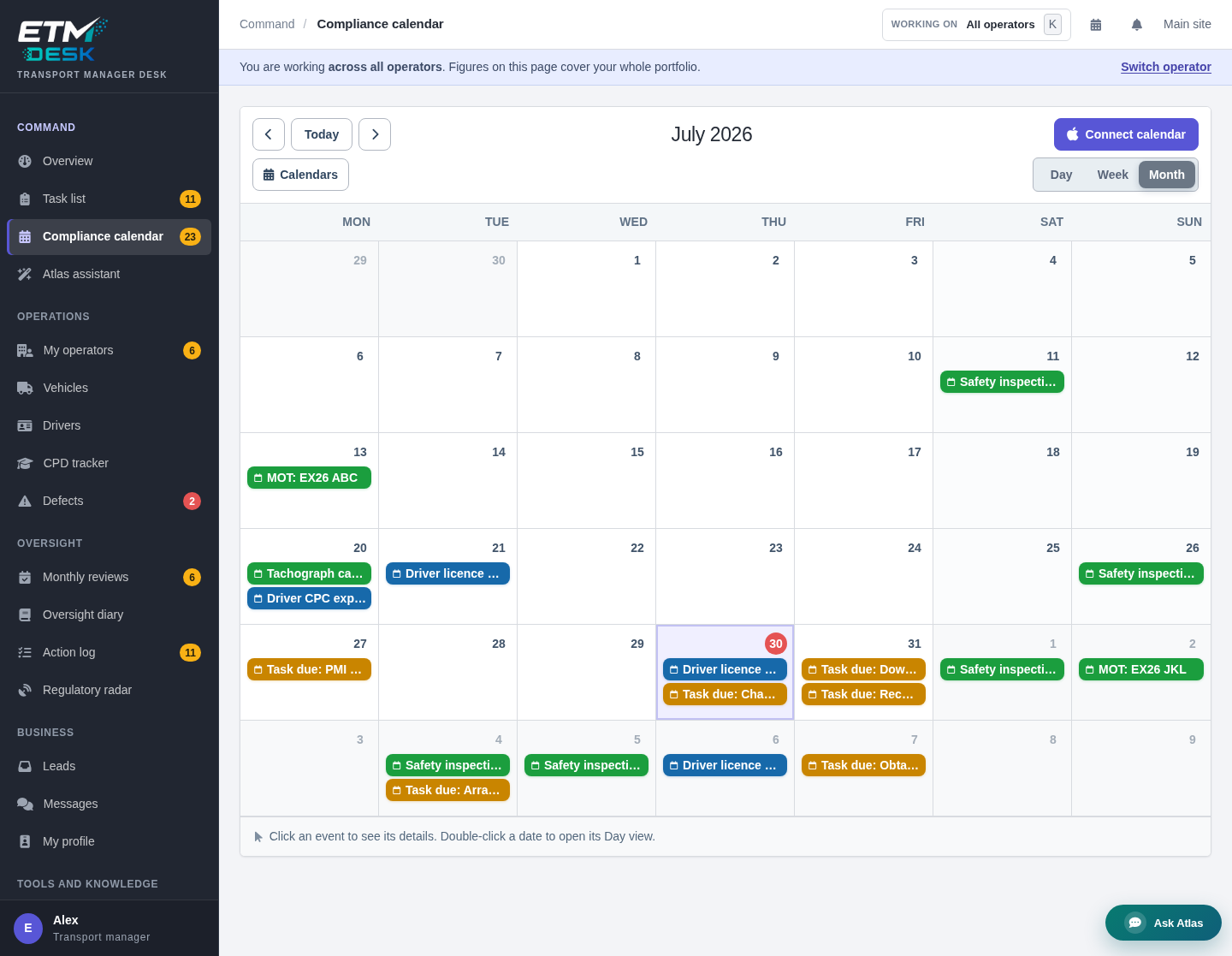 ETM Desk fleet compliance calendar with inspections and transport manager tasks