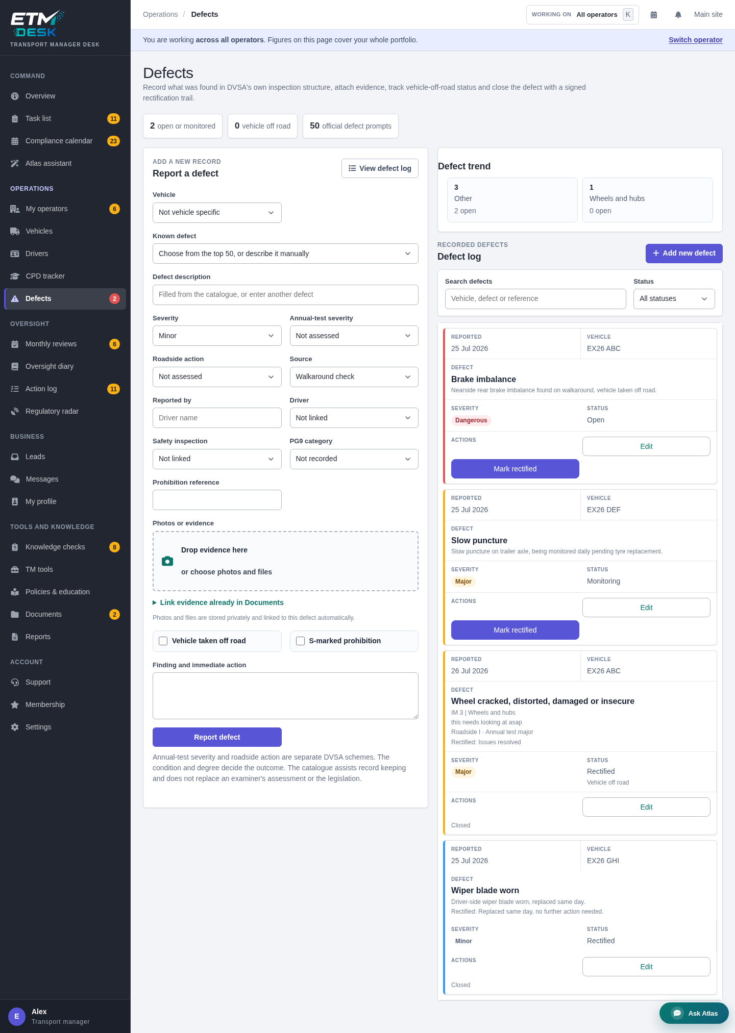 Vehicle defect reporting and rectification workflow in ETM Desk