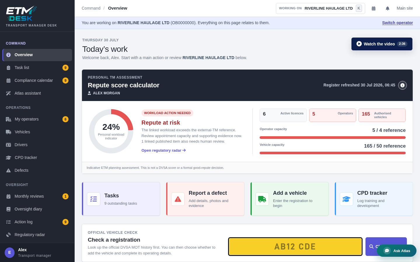 ETM Desk transport manager software overview with tasks and Repute Score